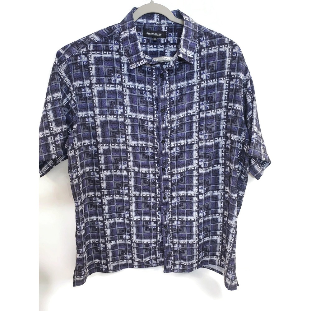 Bassiri‎ Shirt Mens 3XL Blue Purple Geometric Microfiber Button Short Sleeve